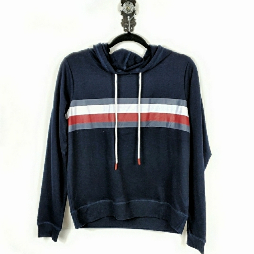 NEW Retro 80's TOMMY HILFIGER Striped Hoodie Small Graphic Navy Blue Y2K